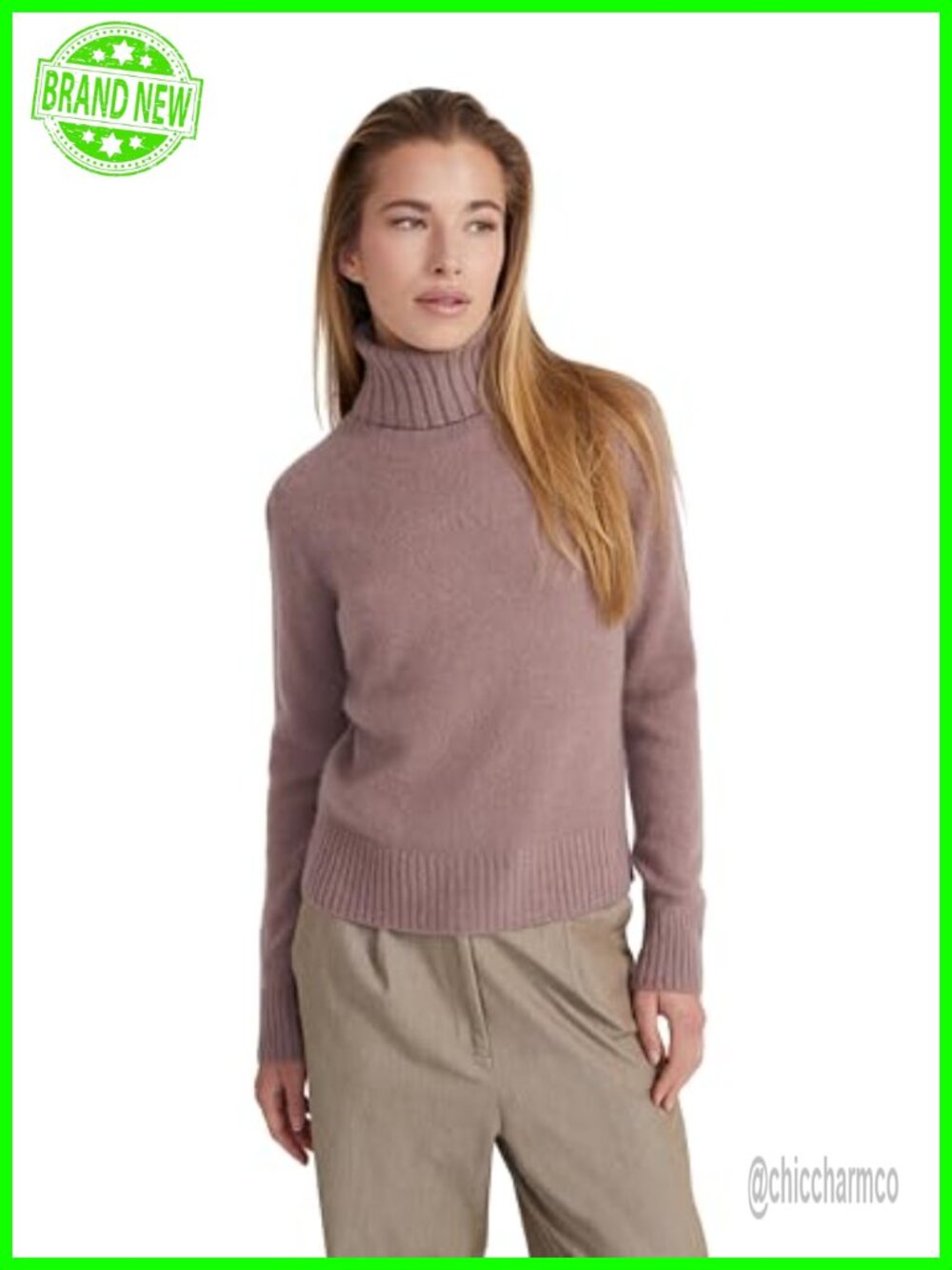 100% Cashmere Boxy Turtleneck Pullover Sweater Long Sleeve